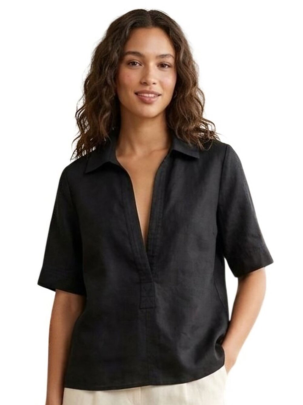 J.Crew Bungalow Popover Top Black Linen Boxy Fit Collared V Neck 2024 Size S